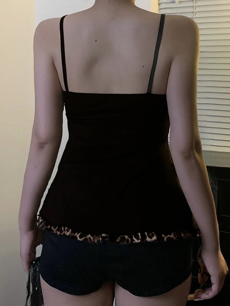 Women's Leopard Bow Polyester Camisole with Thin Straps and Lace Trim