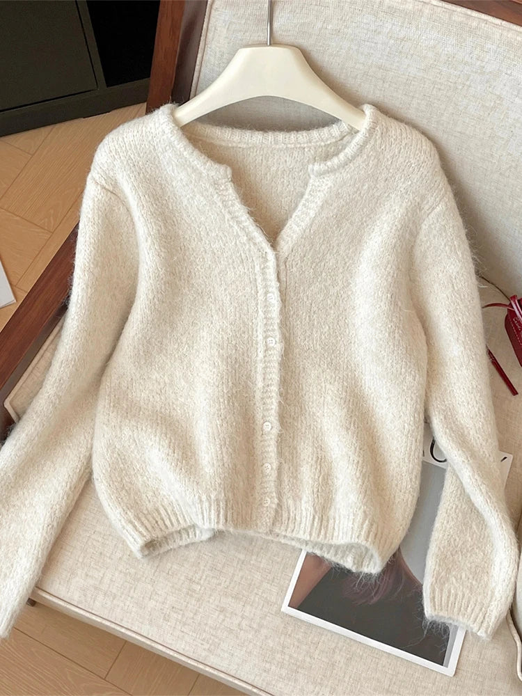 Women's Fluffy V Neck Zip Front Cardigan Casual Knit Layer
