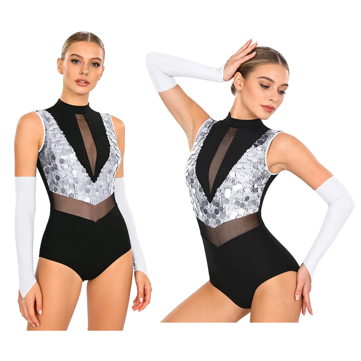 Women's Sequin Mesh Dance Leotard with Coordinating Long Glove Accessories