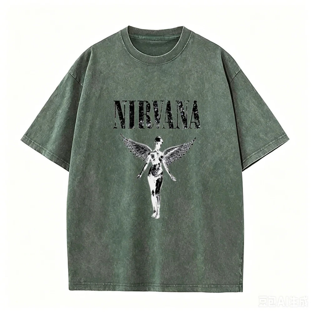 Vintage Distressed Washed Tee Nirvana Grunge Rock Silver Angel Skeleton Print Loose Fit Short Sleeve T Shirts