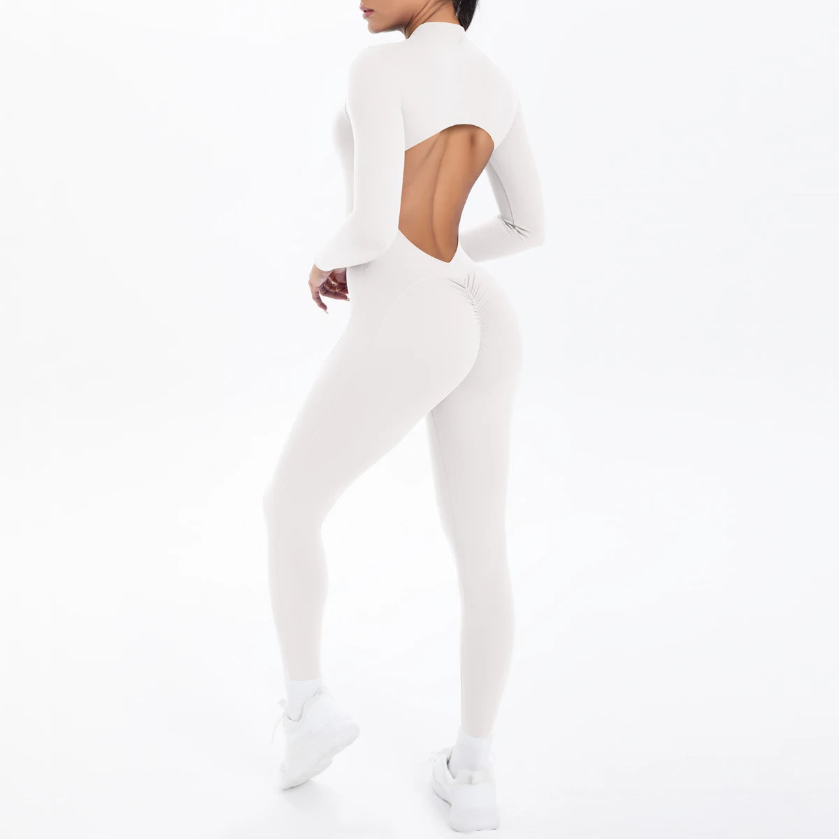 Women's Open Back Nylon Blend Workout Jumpsuit with Zipper and Sleeve Options
