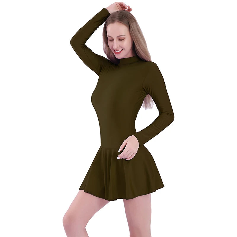 Women's Long Sleeve Skirted Ballet Leotard with Round Neck and Back Zipper
