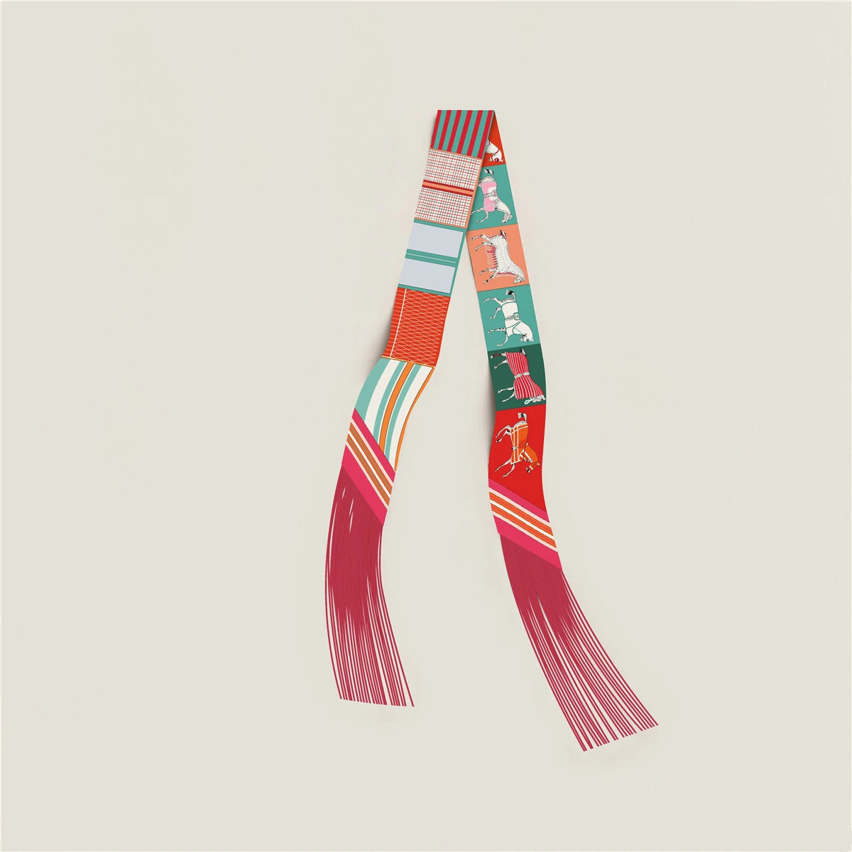 Printed Narrow Ribbon Scarf with Decorative Fringed Ends