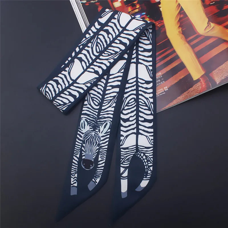 Animal Print Narrow Scarf with Pointed Tie Ends