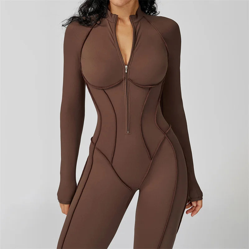 Women's Long Sleeve Nylon Blend Half Zip Workout Jumpsuit with Panel Seams