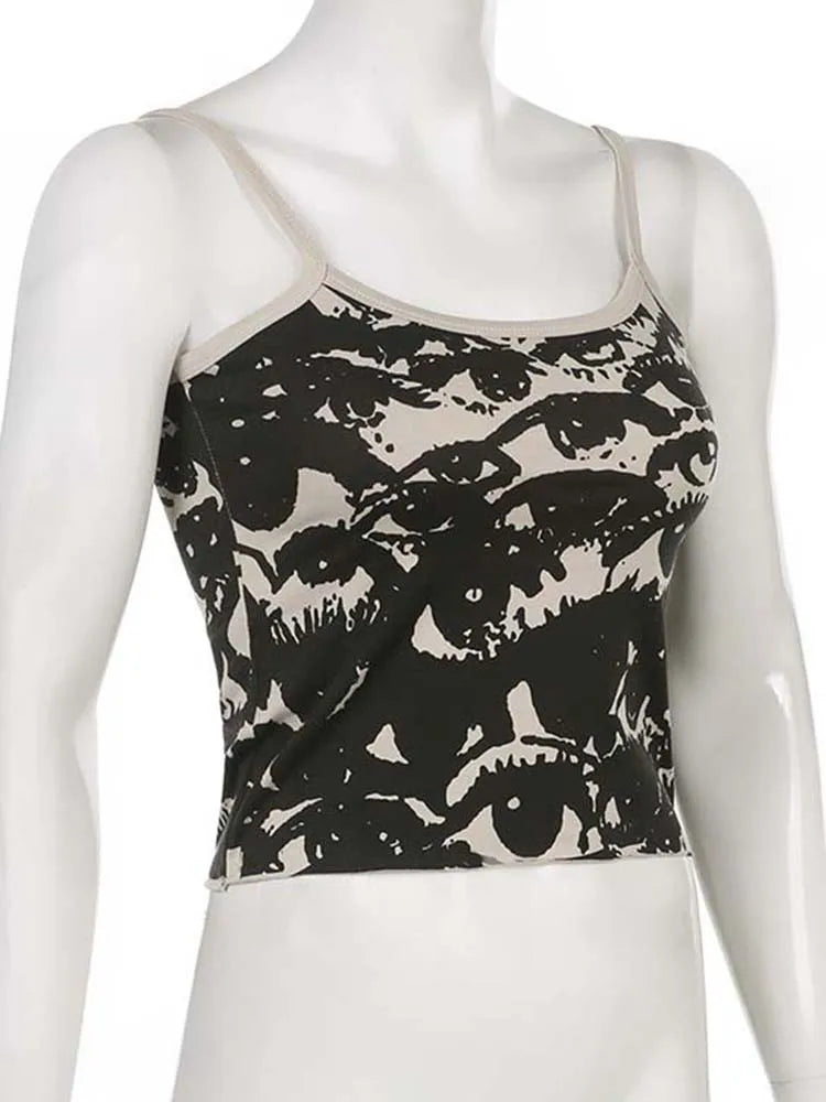 Women's Graphic Print Crop Top with Spaghetti Straps and Cropped Length