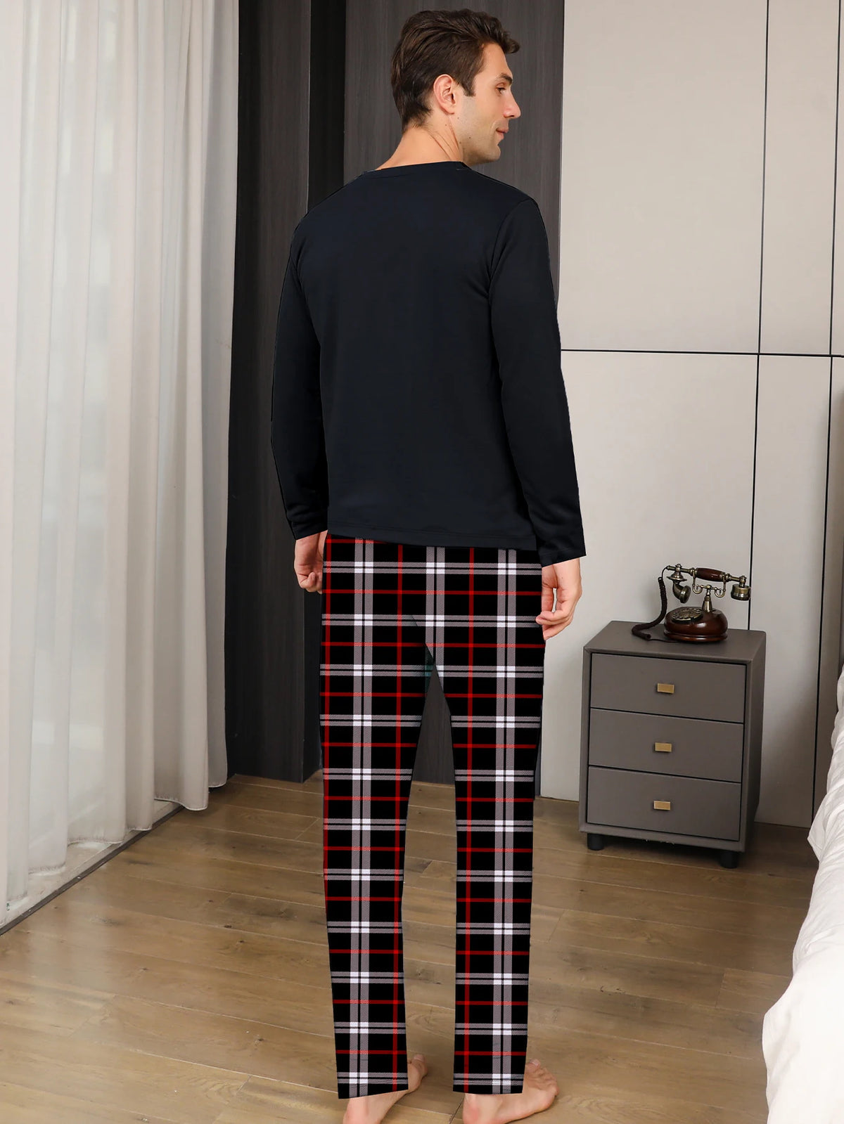 Men's Long Sleeve Pocket Top and Plaid Pants Pajama Set