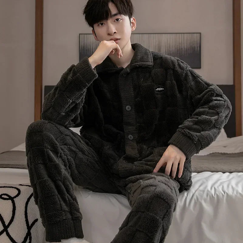 Men's Plush Button Front Shirt and Pants Pajama Set