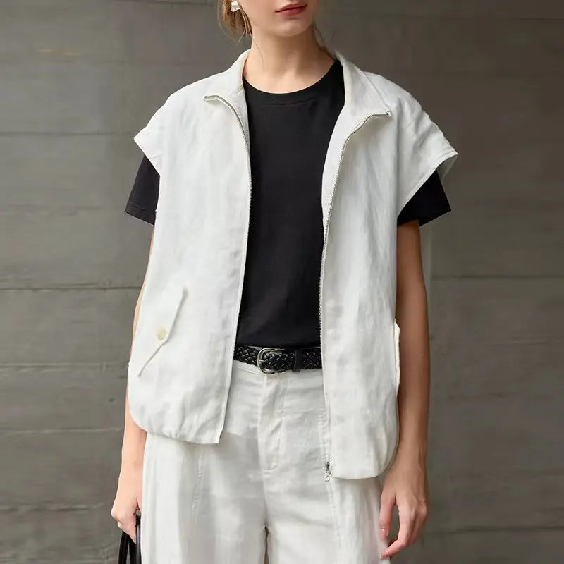 Women's Linen Sleeveless Collared Zip-Up Vest with Pockets for Casual Layered Outfits