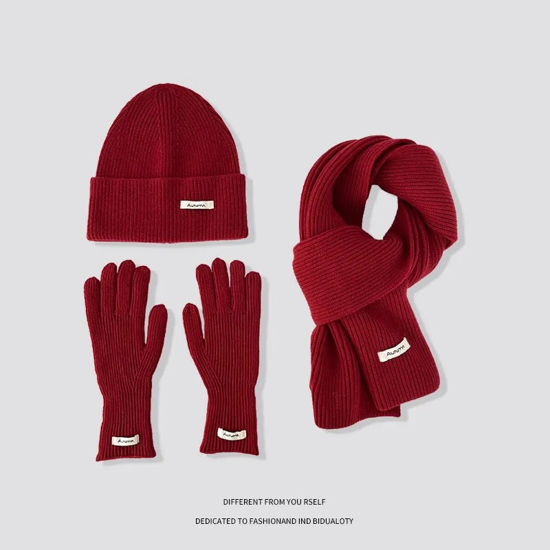 Women's Solid Knitted Hat Scarf and Gloves Set for Winter Outfits