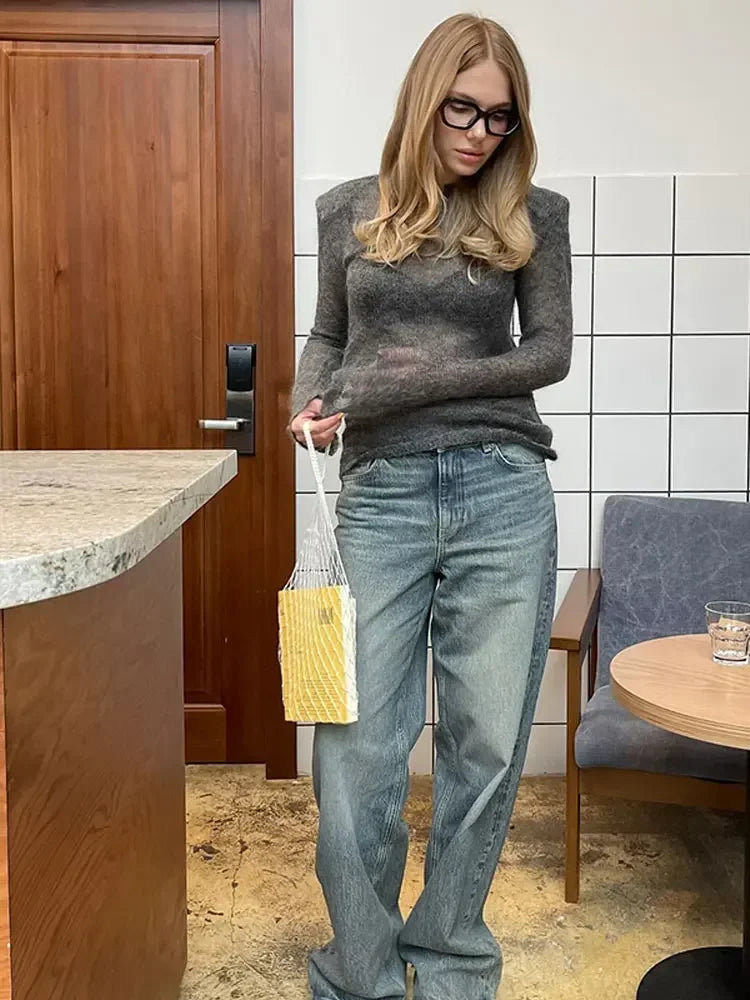 Women's Sheer Crew Neck Long Sleeve Sweater Casual Knit Layer
