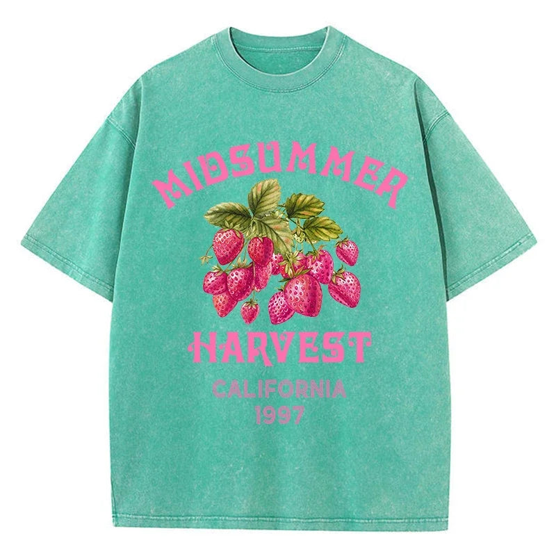 Men's Cotton T-shirt Strawberry Printed Washed T-shirt Comfortable Round Neck Top Men's Summer Clothing
