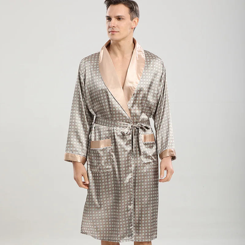 Men's Patterned Satin Long Sleeve Tie Waist Bathrobe with Pockets
