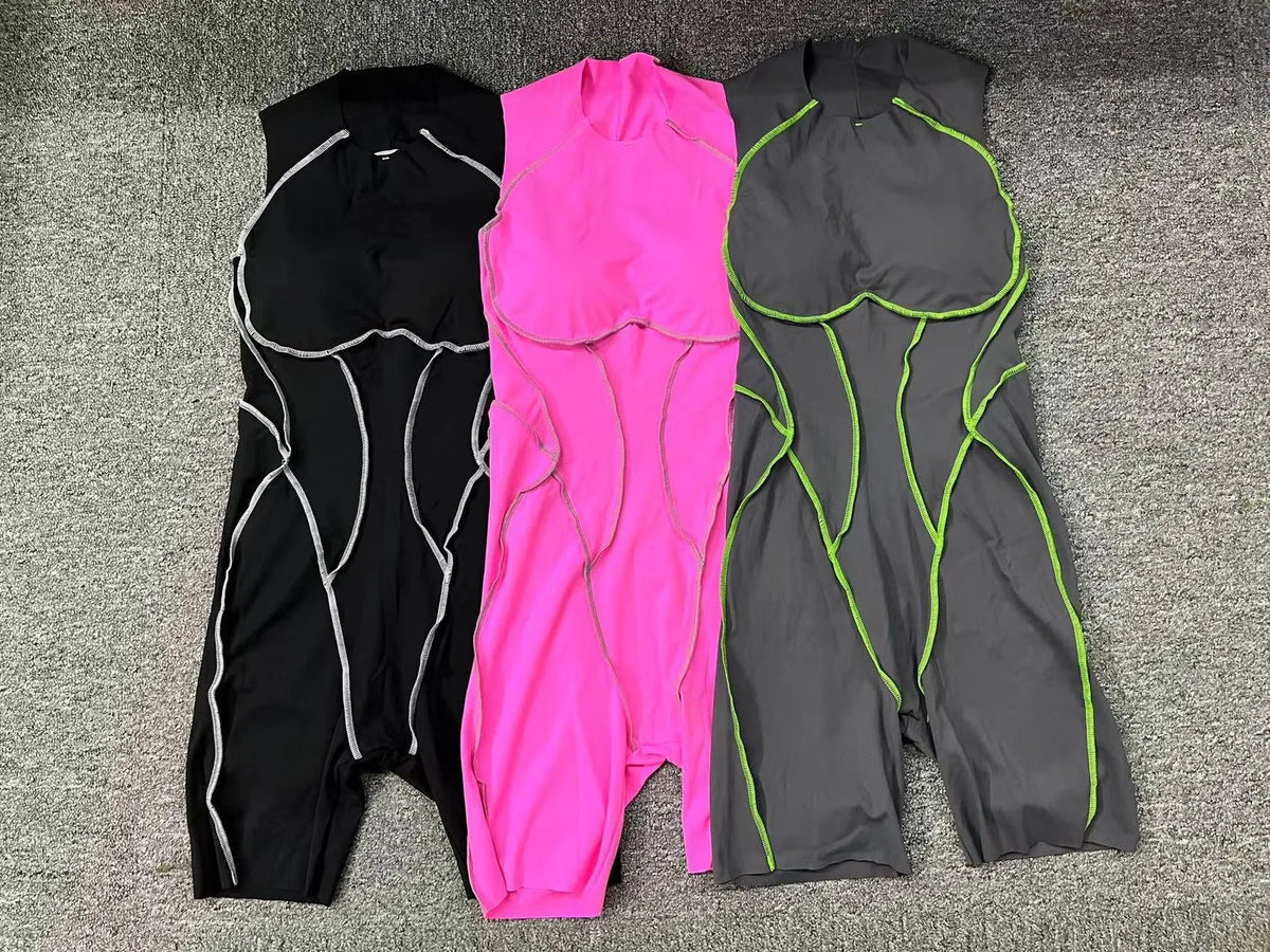Women's High Neck Open Back Workout Romper with Contrast Seams