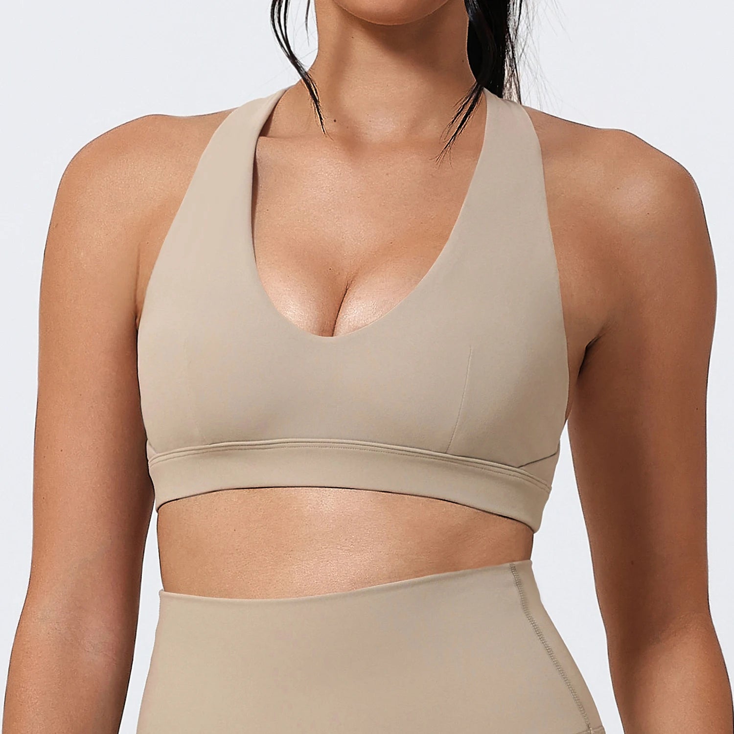 Women's V Neck Halter Sports Bra with Open Back