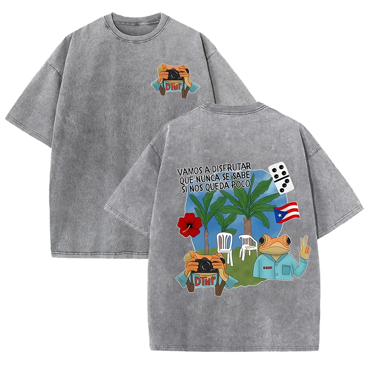 Puerto Rico Flag Frog Vamos A Disfrutar Quote Print Washed Beige Travel Lover T-shirt