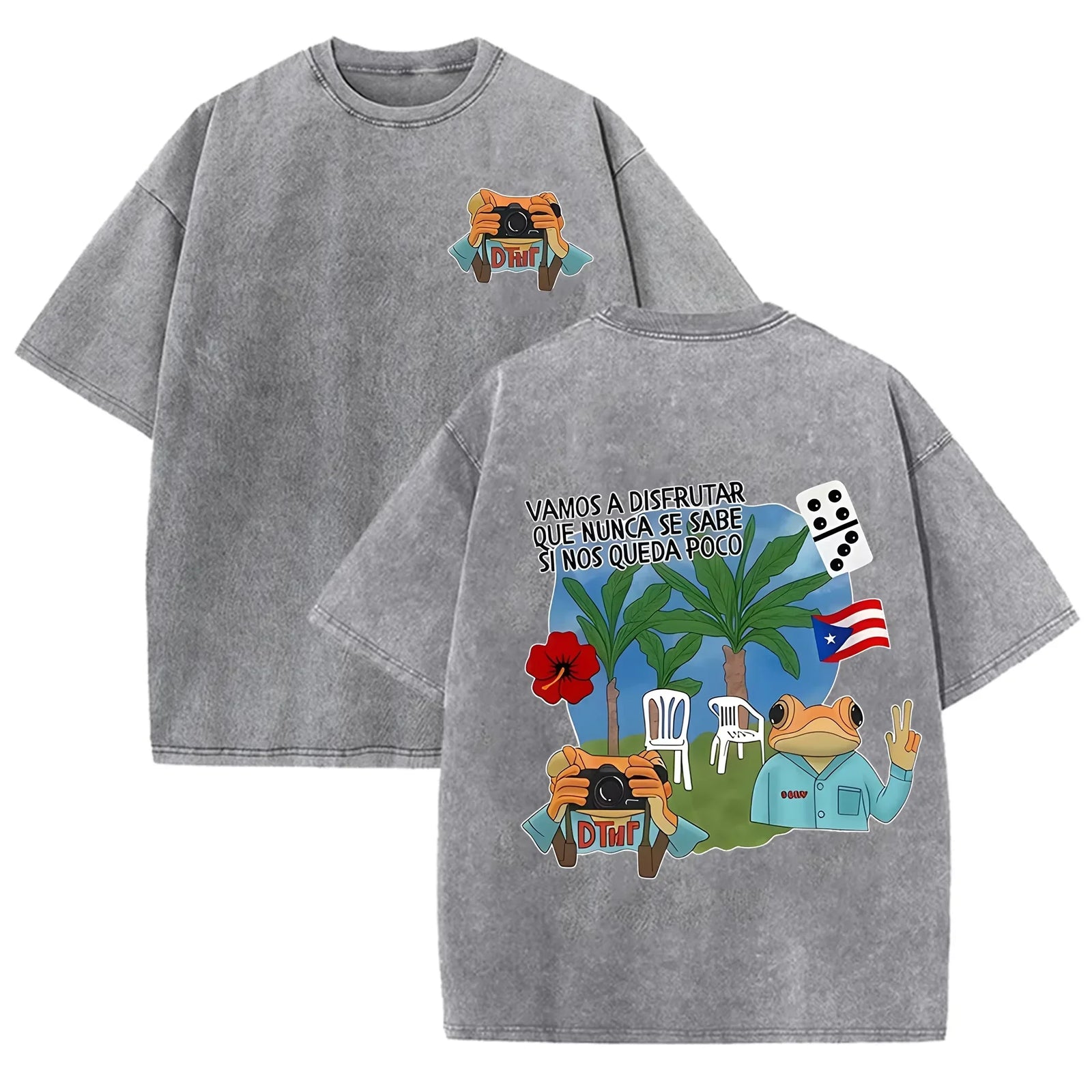 Puerto Rico Flag Frog Vamos A Disfrutar Quote Print Washed Beige Travel Lover T-shirt