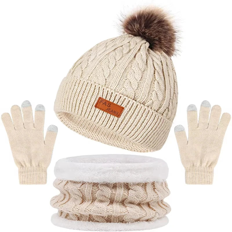 Pom-Pom Knitted Beanie Hat Scarf and Gloves Set for Winter Wear