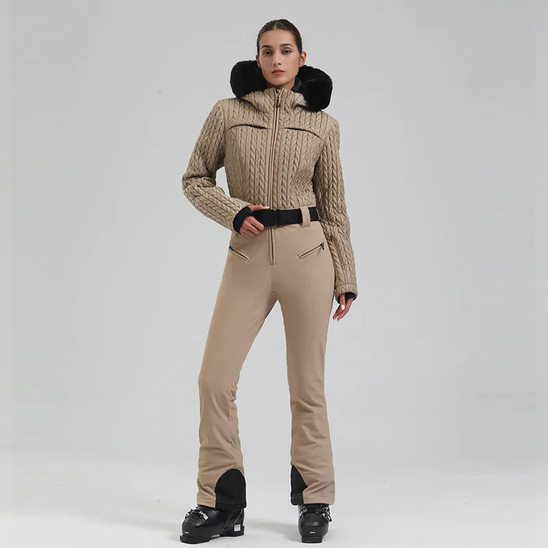 Hooded Long Sleeve Belted One Piece Ski Snow Jumpsuit
