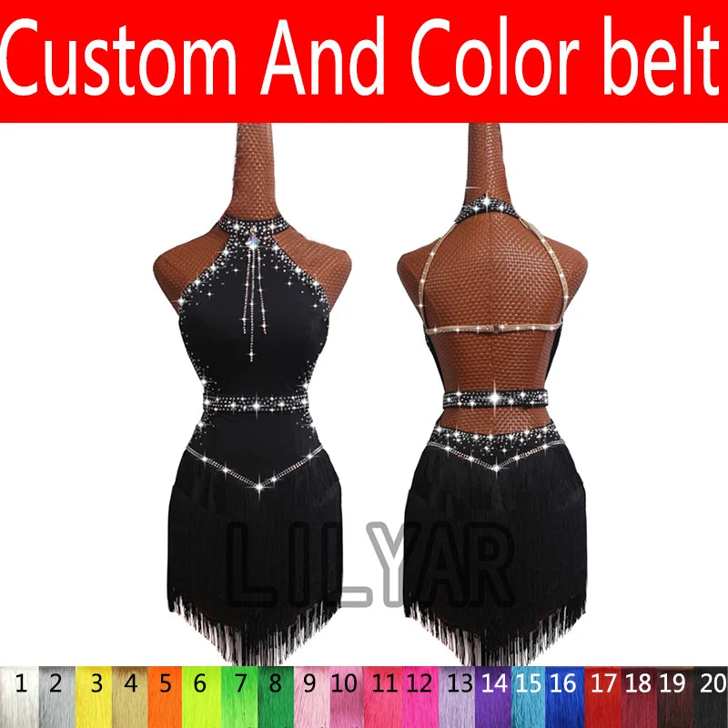 High Collar Rhinestone Fringe Latin Dance Dress with Custom Size Options