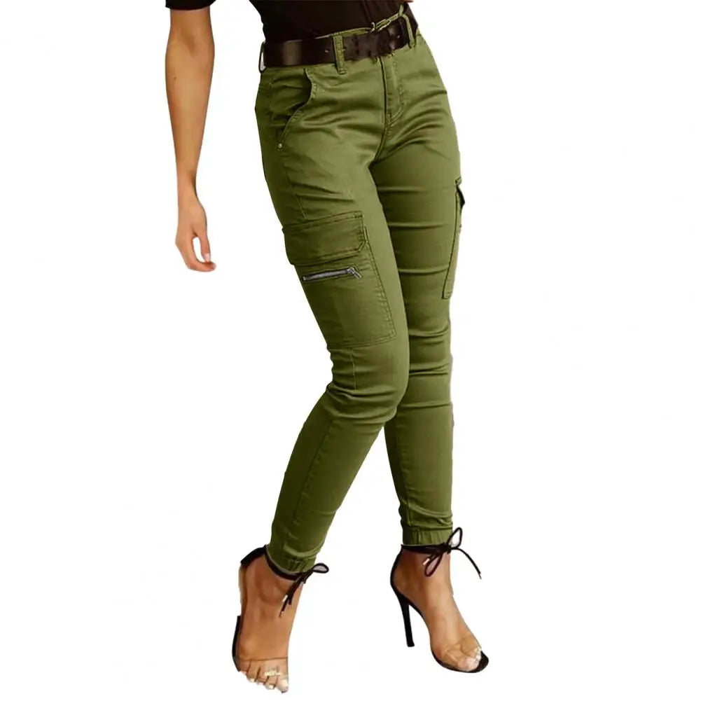Women's Slim Cargo Pants with Button Fastening and Side Zip Pockets
