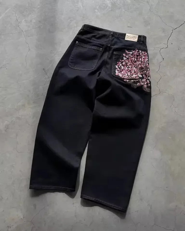 Men's Embroidered Wide Leg Denim Jeans for Casual Everyday Wear