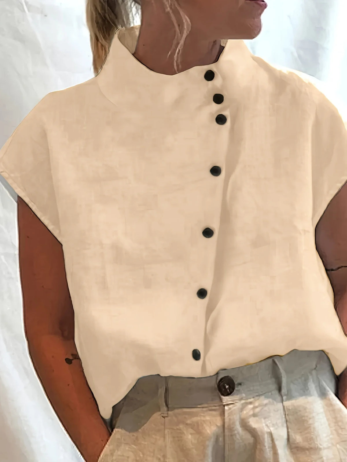 Women's Stand Collar Short Sleeve Button Front Shirt