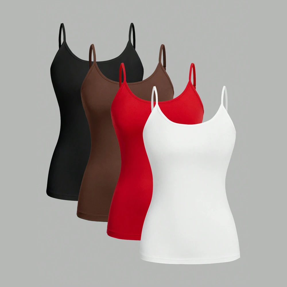 Women's Solid Camisole Four-Pack with Thin Shoulder Straps for Simple Layering