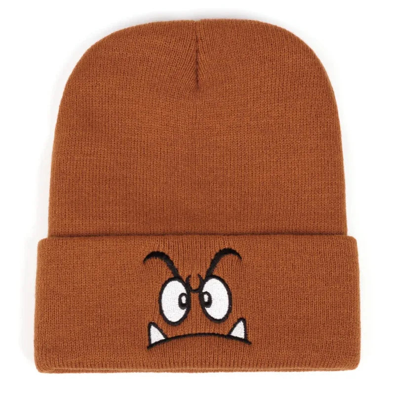 Orange Knit Beanie with Embroidered Cartoon Expression Detail