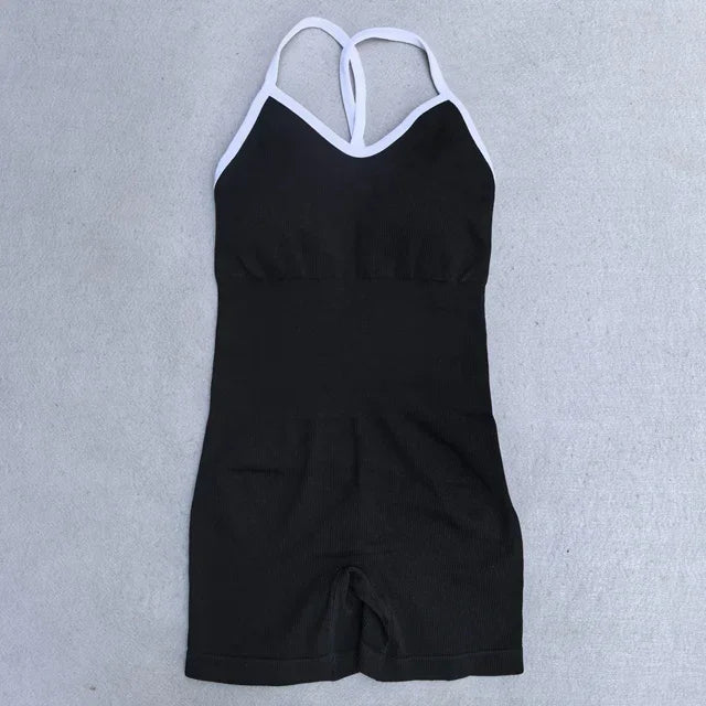 Women's Cross Back Nylon Blend Workout Romper with White Trim and Short Legs