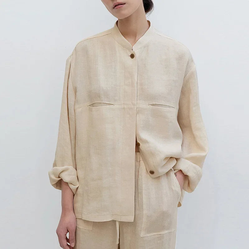 Women's Linen Long-Sleeve Stand-Collar Button-Up Shirt with Regular Fit for Casual Outfits