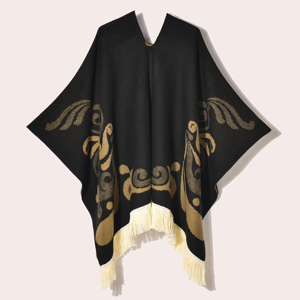 Geometric Pattern Fringe Poncho for Layering over Outfits