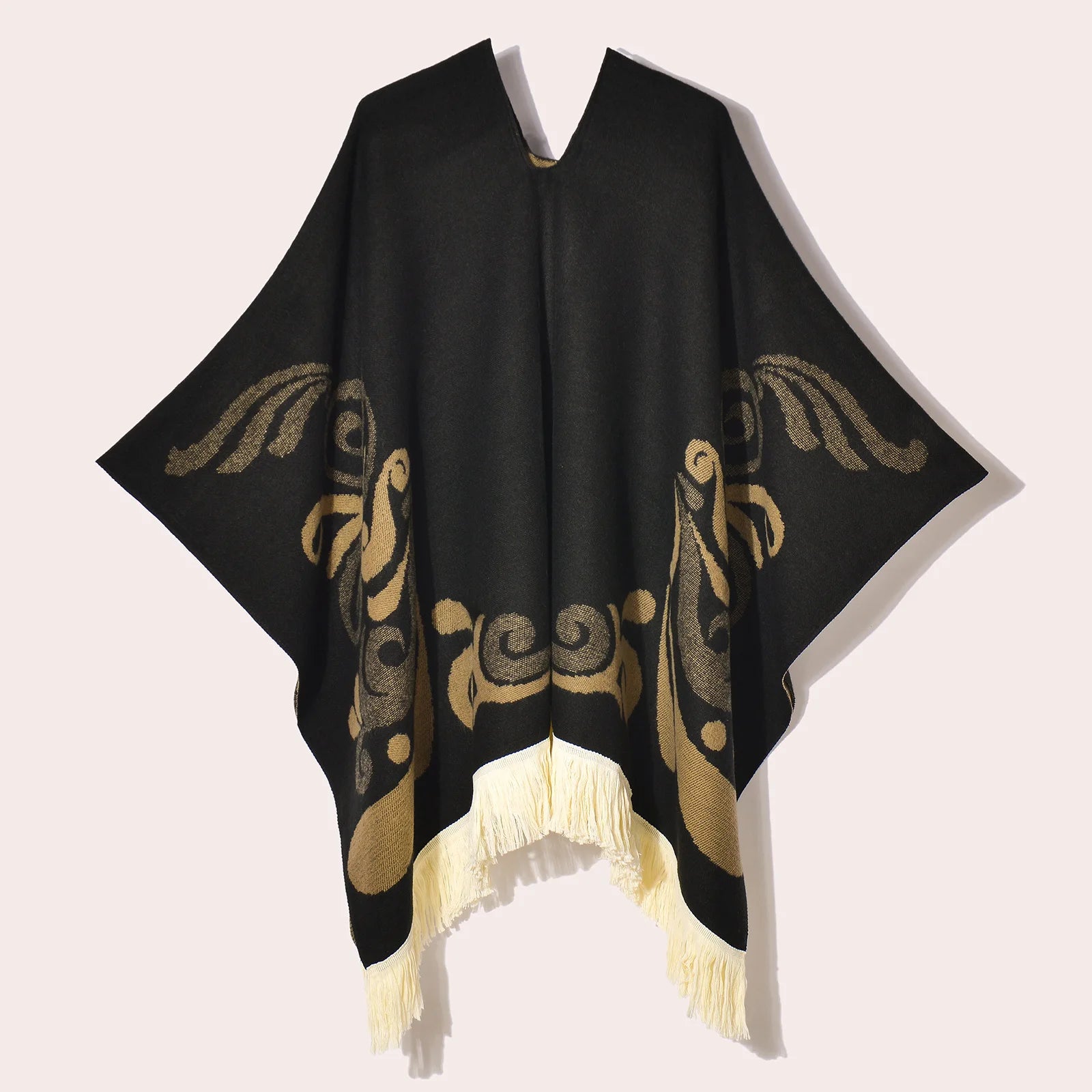 Geometric Pattern Fringe Poncho for Layering over Outfits