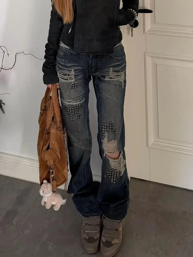 Women's Rivet Distressed Flared Leg Denim Jeans For Everyday Outfits