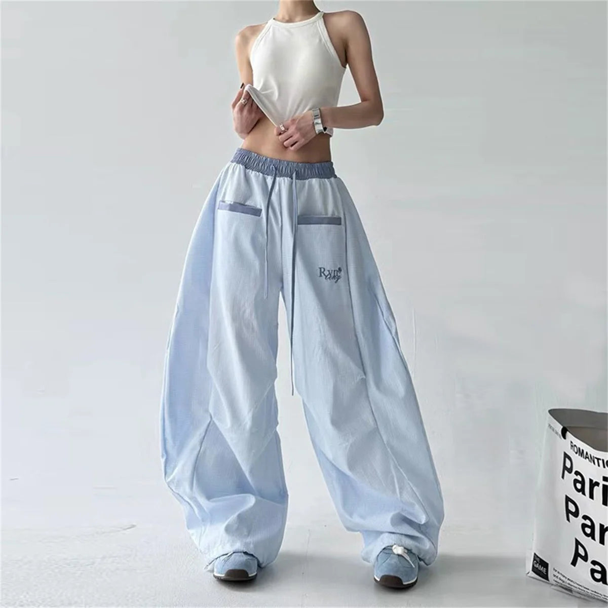 Women's Wide Leg Cargo Pants with Contrast Stripes and Drawstring Waist