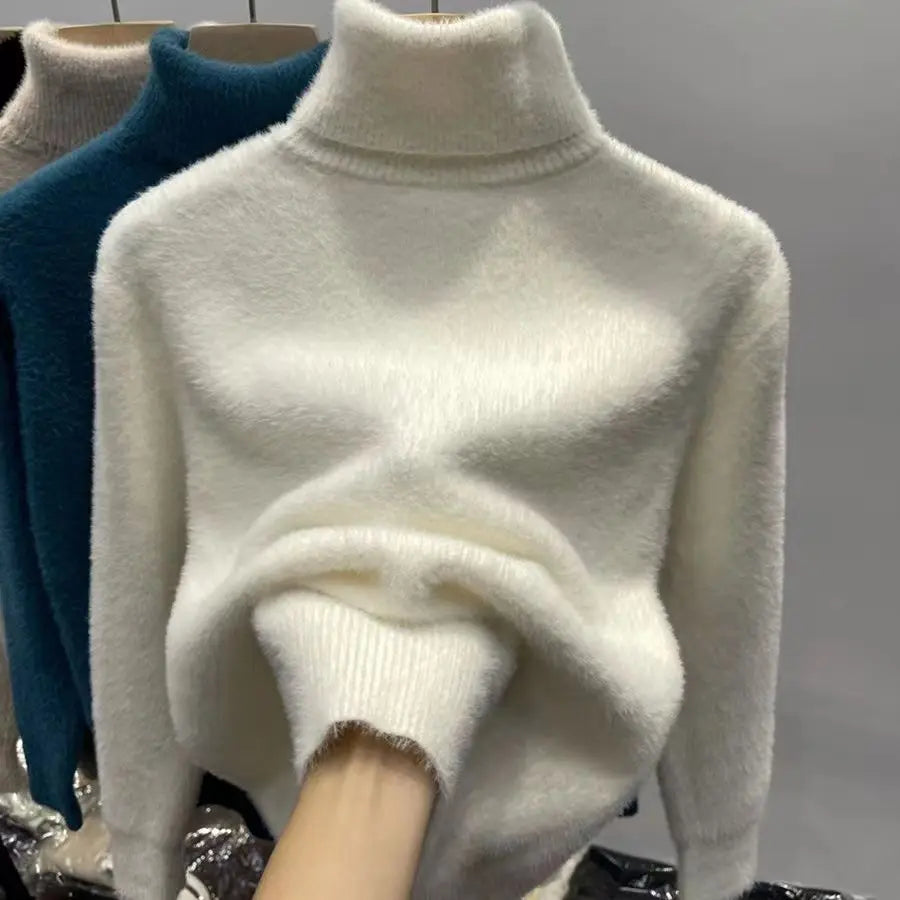Women's Fluffy Roll Neck Long Sleeve Sweater Casual Knit Layer