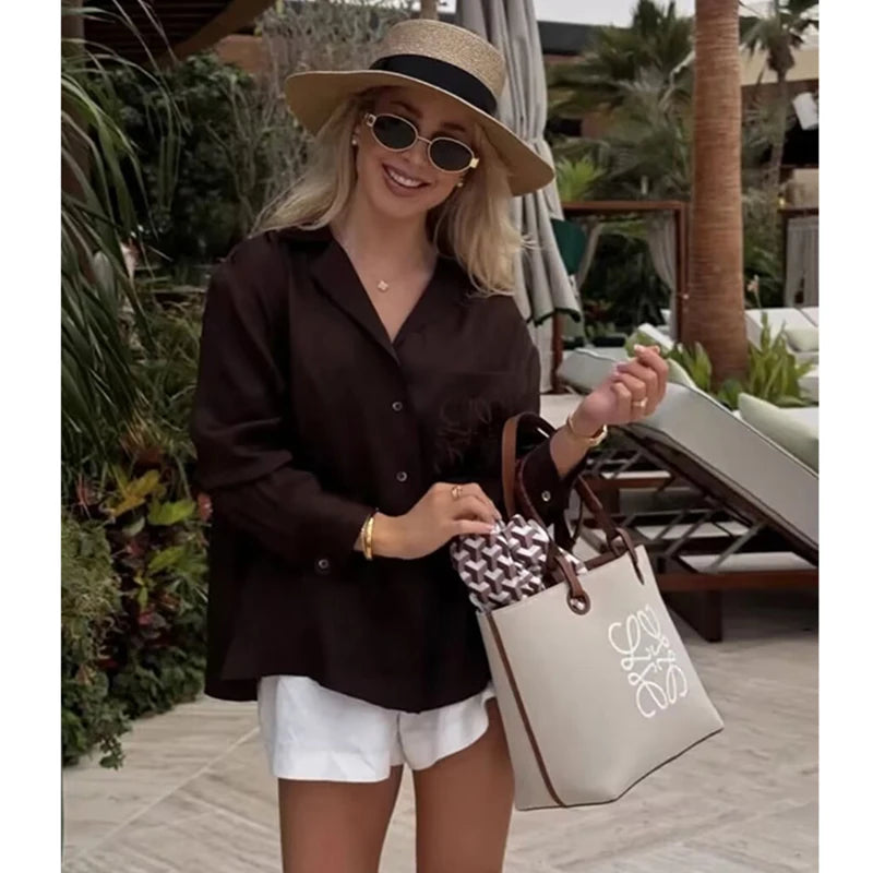 Women's Notched Collar Long Sleeve Pocket Shirt