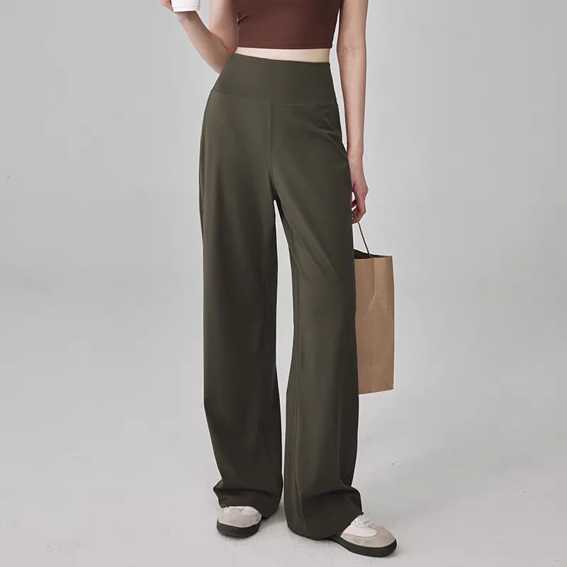 Women's Crossover Waist Nylon Blend Wide Leg Workout Pants with Pockets