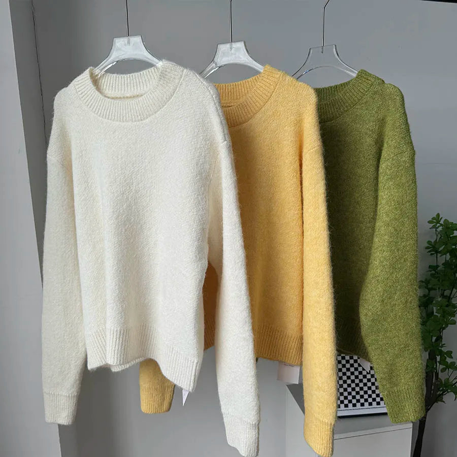 Women's Loose Fluffy Crew Neck Sweater Casual Knit Layer