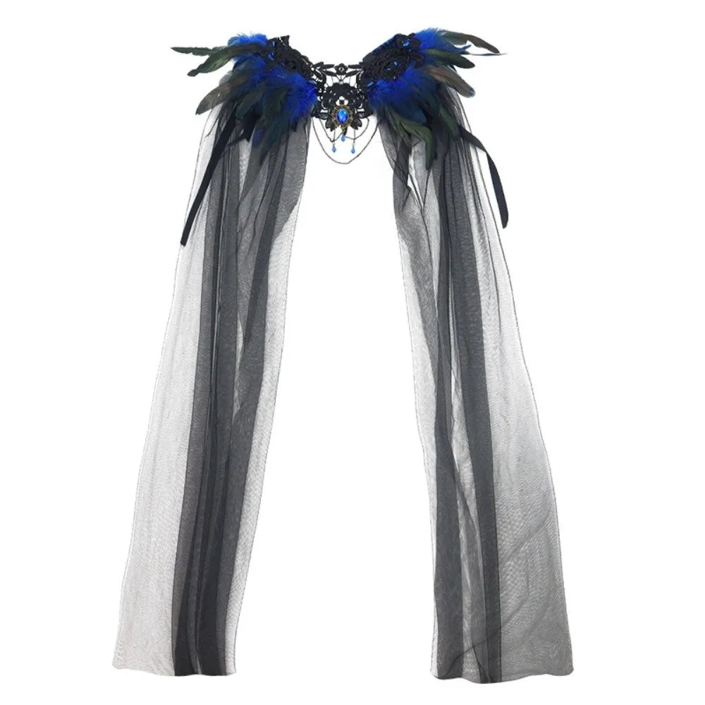Feather Collar Sheer Long Cape for Layering over Outfits