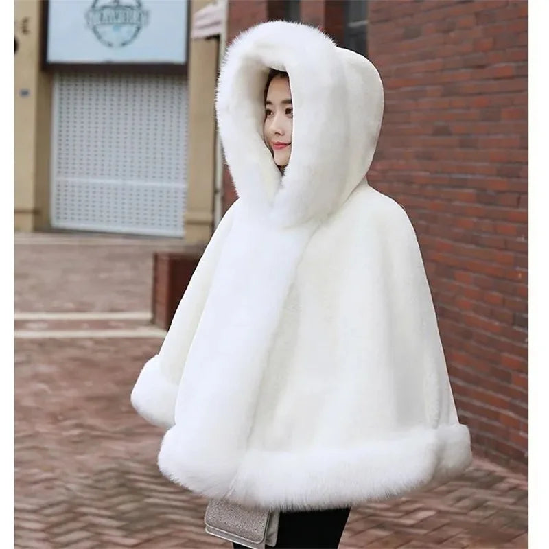 Plush Trim Hooded Cape for Layering over Outfits