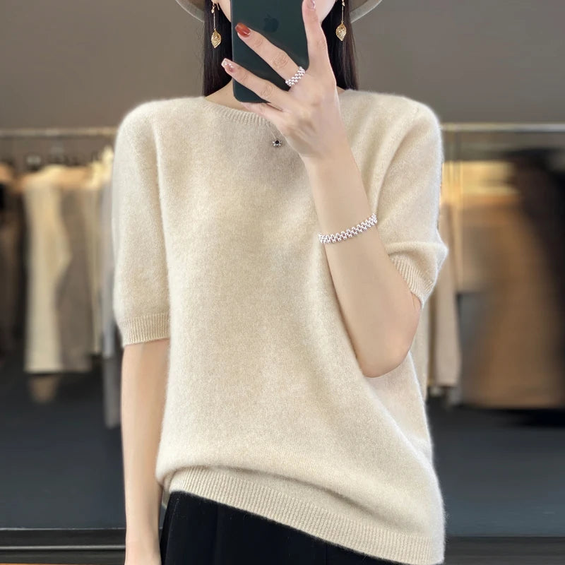 Women's Crew Neck Short Sleeve Sweater Casual Knit Layer