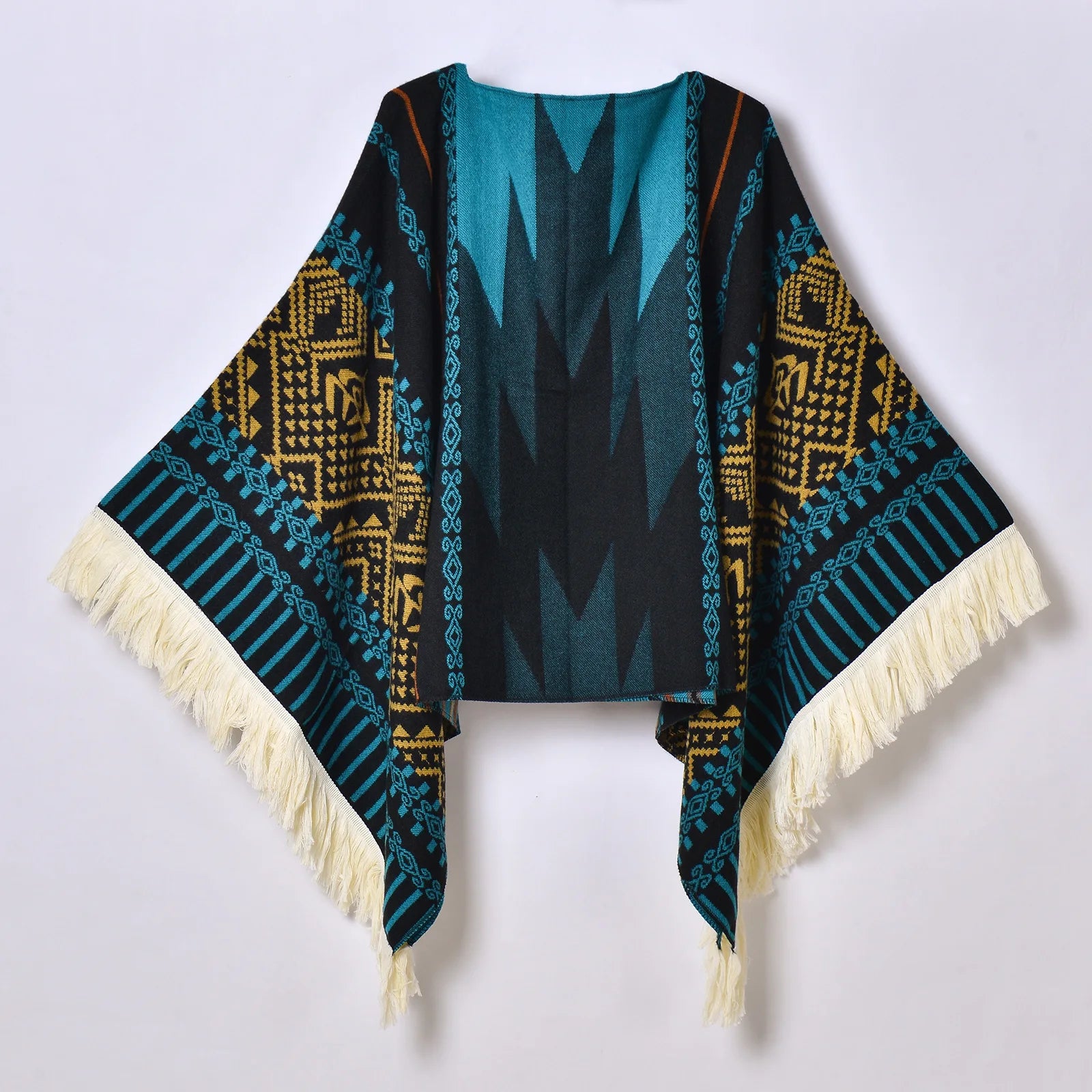 Geometric Pattern Fringe Poncho for Layering over Outfits