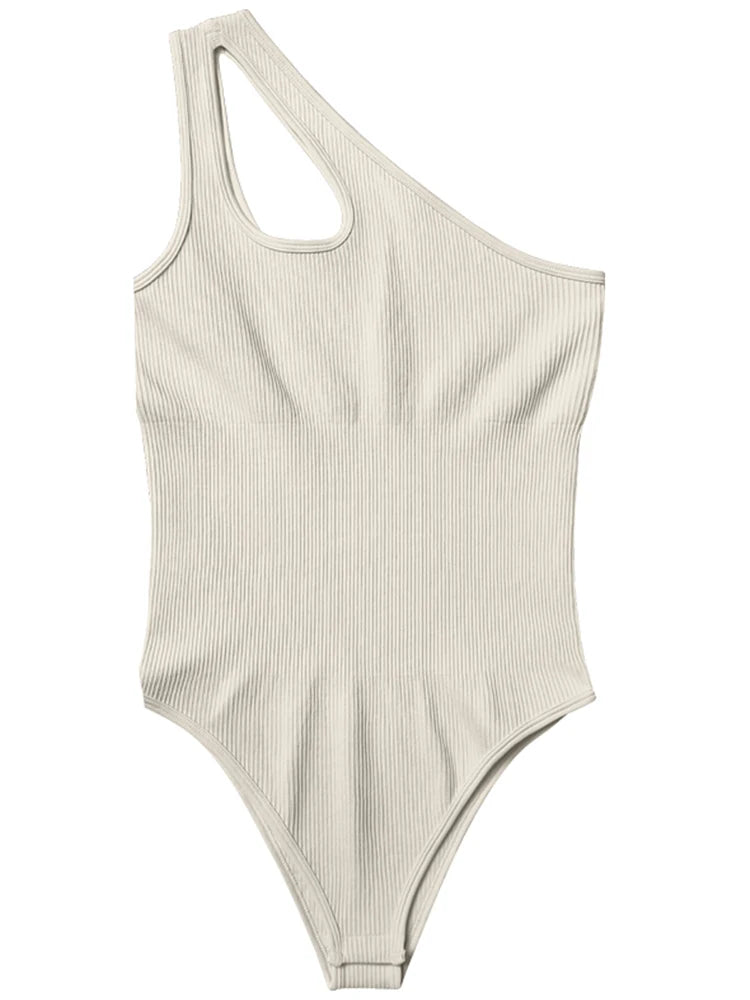 Women's One Shoulder Ribbed Nylon Blend Bodysuit with Strap Cutout