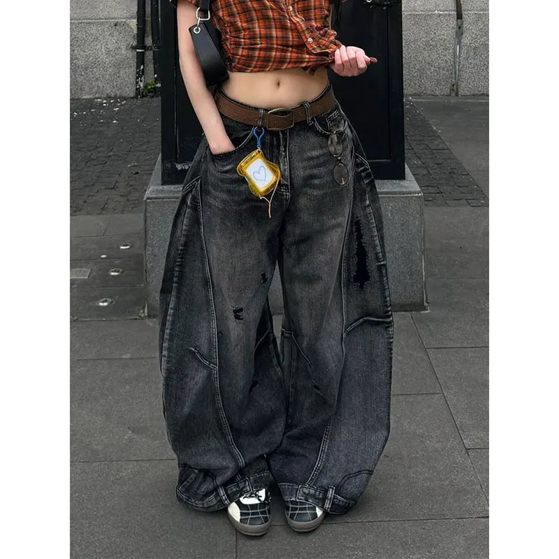 Women's Black Cargo Pocket Wide Leg Denim Jeans