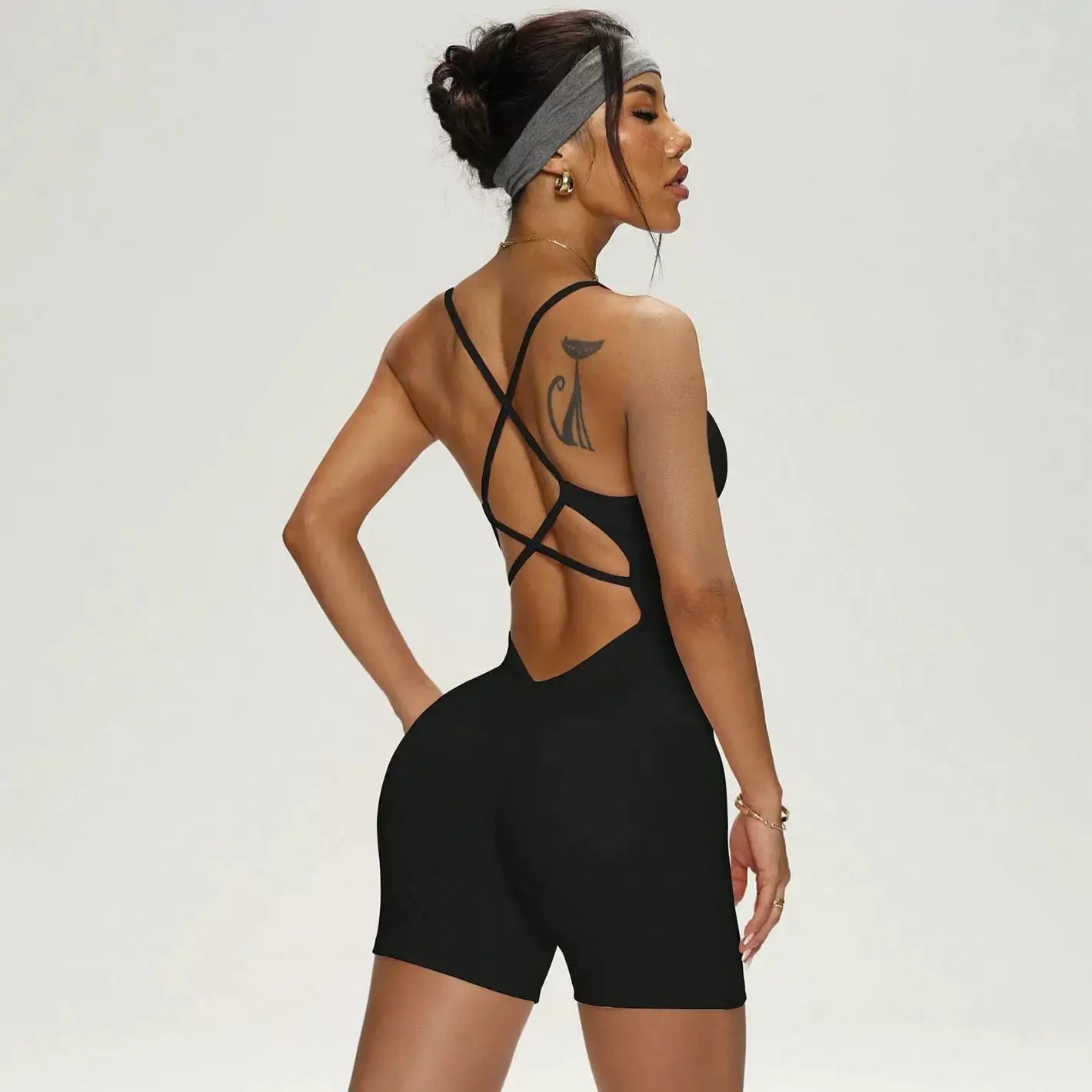 Women's Ribbed Nylon Blend Workout Romper with Lace Up Open Back