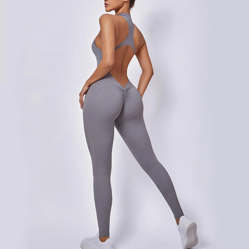 Women's Sleeveless Nylon Blend Zip Front Workout Jumpsuit with Open Back