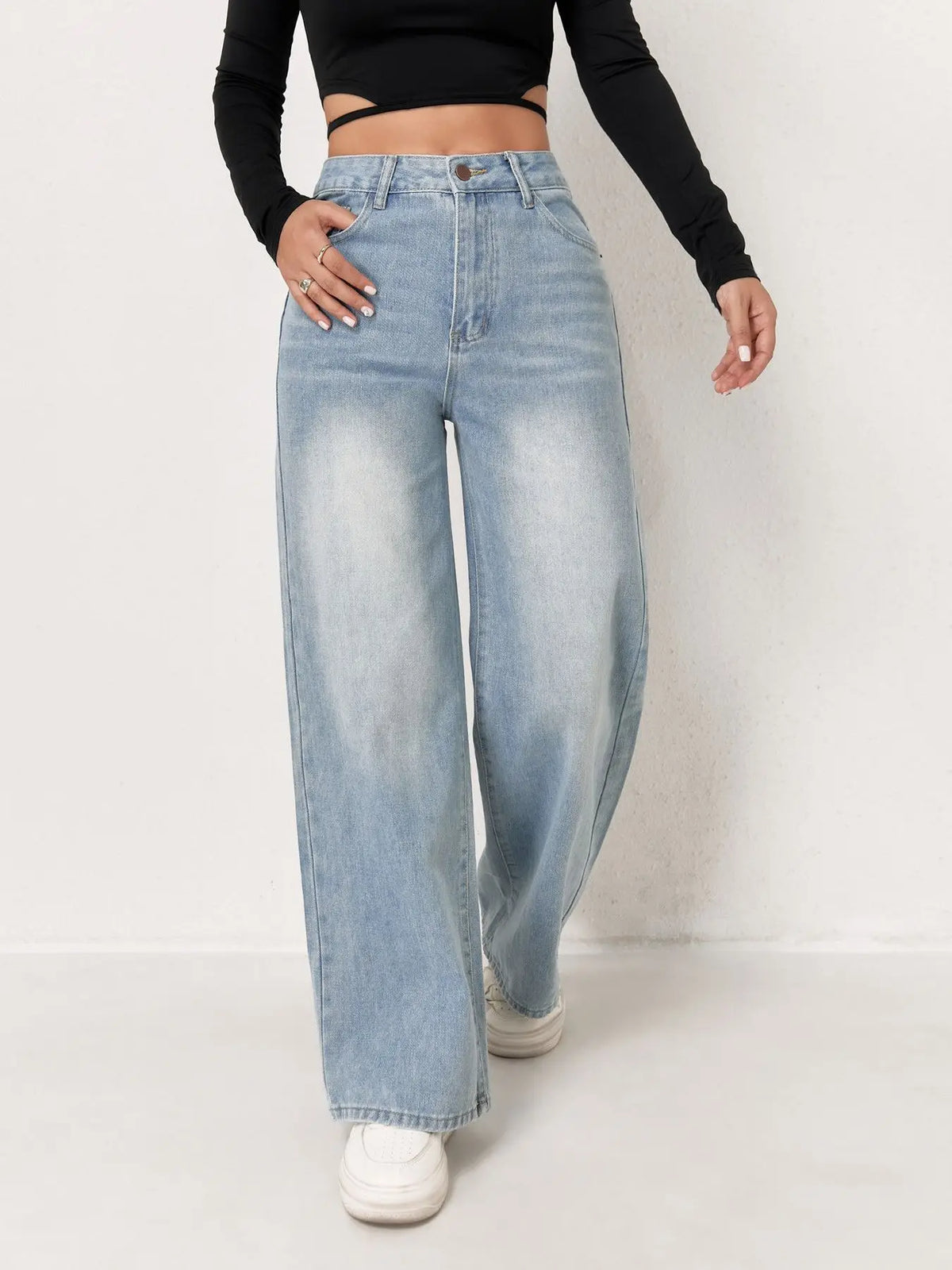 Women's Light-Blue High-Waist Loose Wide-Leg Jeans