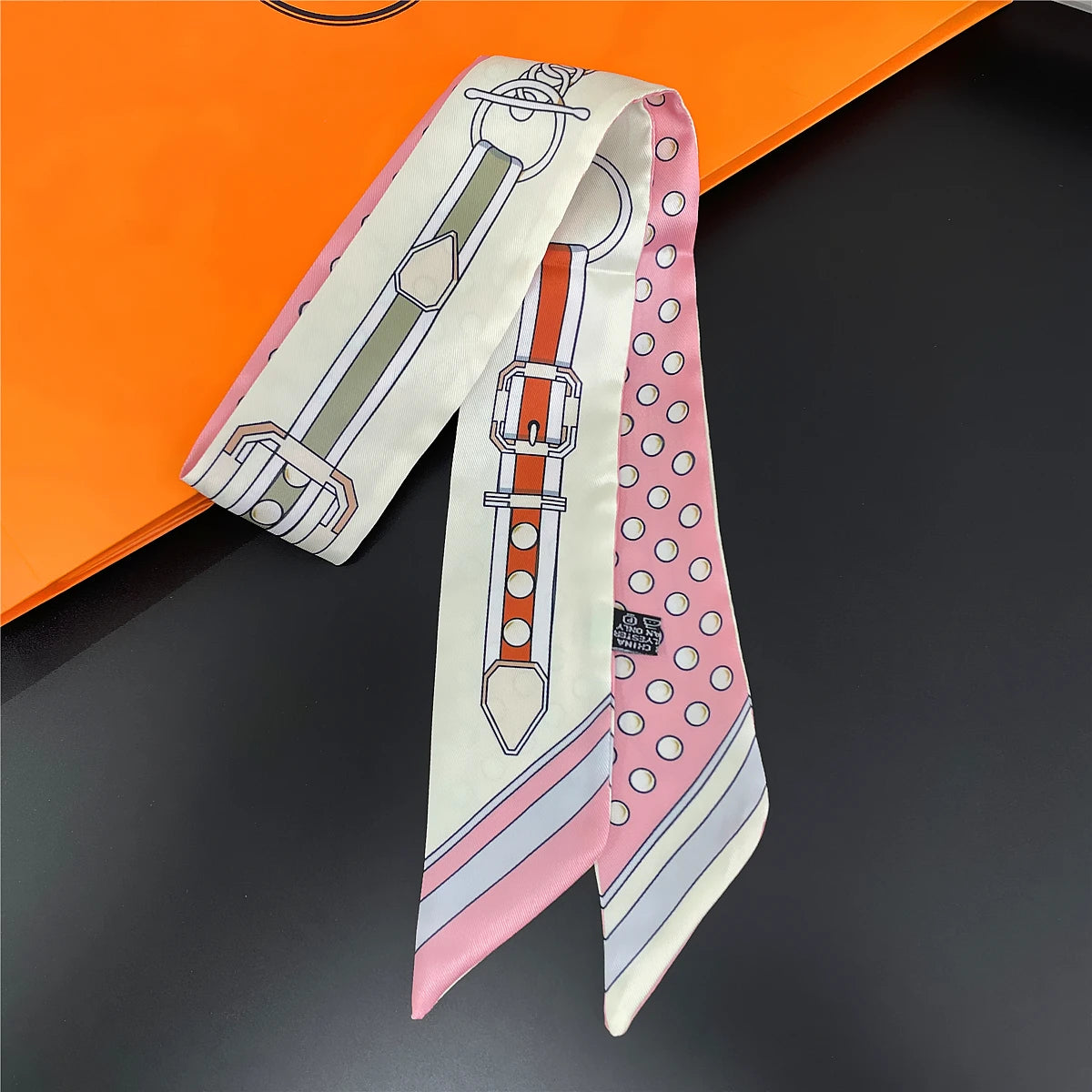 Colorful Printed Skinny Ribbon Scarf with Tie Ends