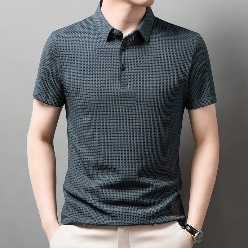 Men's Textured Short-Sleeve Polo Shirt with Collar and Button Placket